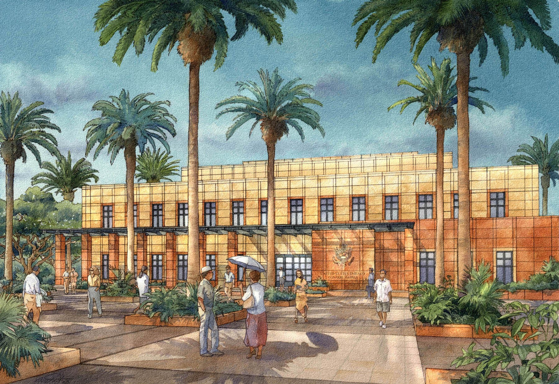 Watercolor rendering, United States Embassy, Conakry, Guinea